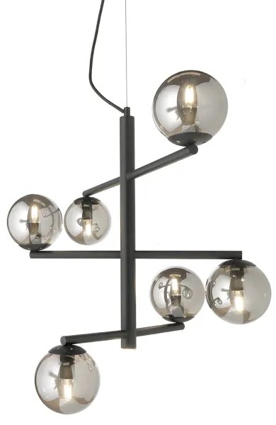 Lampada a sospensione GIZAH a 6 luci in metallo D76 cm con diffusori in vetro soffiato NERO