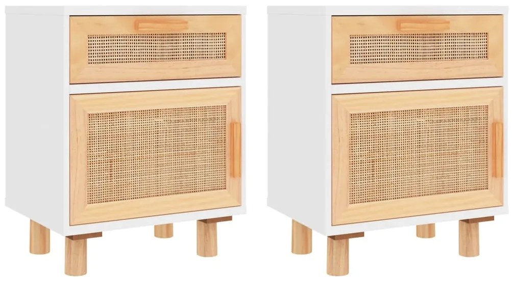 Comodini 2 pz bianchi legno massello di pino e rattan naturale