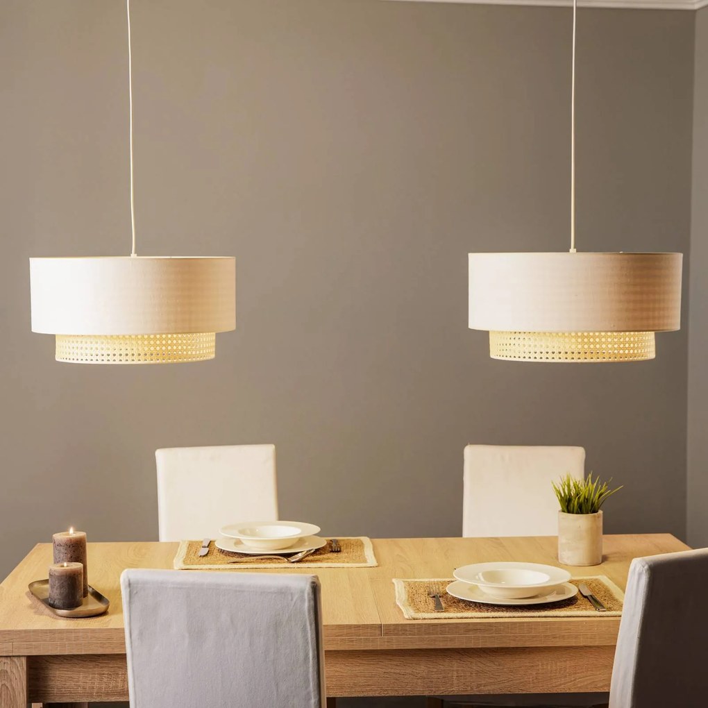 Duolla Lampada a sospensione Boho, a 2 luci, tessuto, bianco crema/rattan