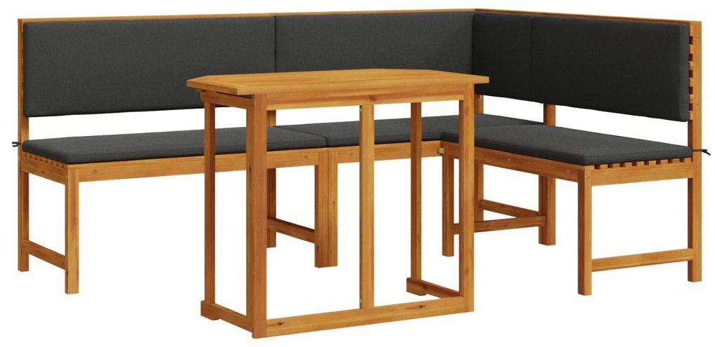 Set bistro da giardino 3 pezzi con cuscini in legno massello di acacia