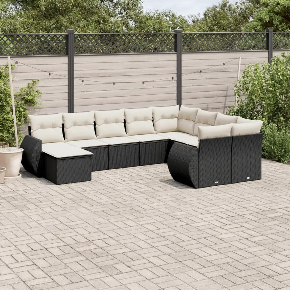 Set Divani da Giardino 10pz con Cuscini in Polyrattan Nero