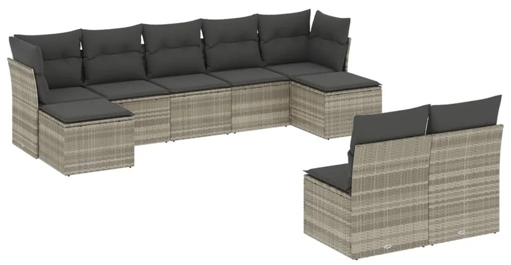 Set divano da giardino 9pz con cuscini grigio chiaro polyrattan