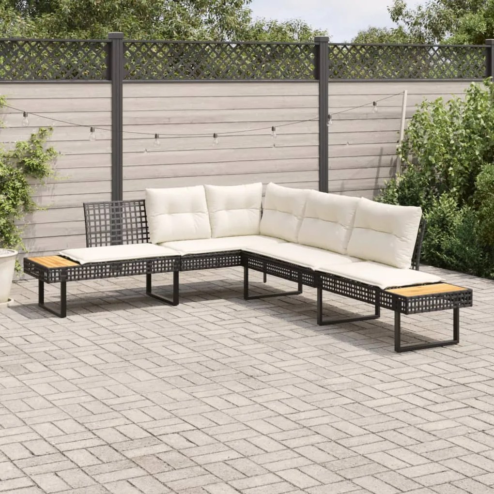 Divano da giardino con cuscini a l nero in polyrattan e acacia