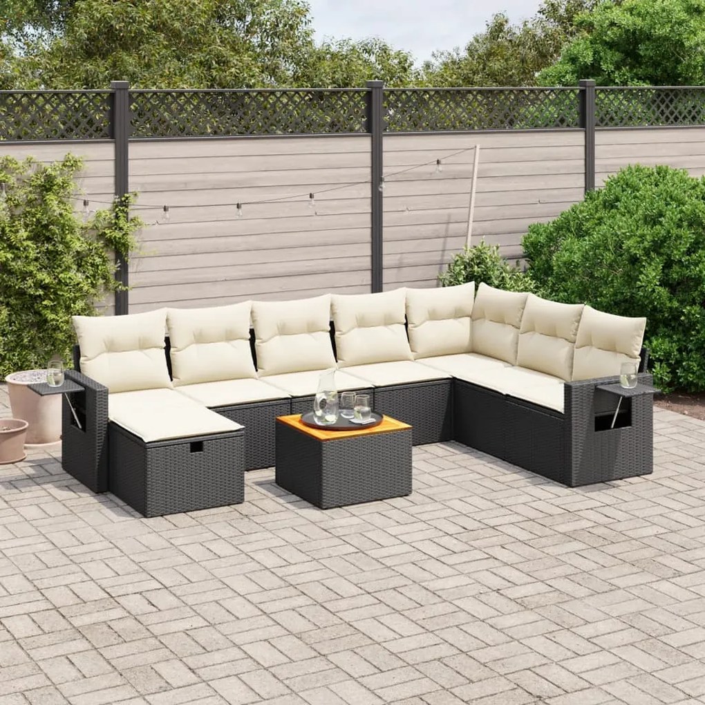 Set divani da giardino 9 pz con cuscini nero in polyrattan