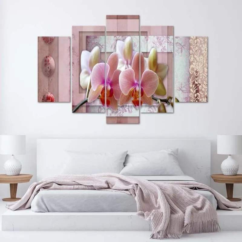 Quadri Quadro 5 pezzi Stampa su tela Orchidee a fiore rosa  Dimensioni 100x70