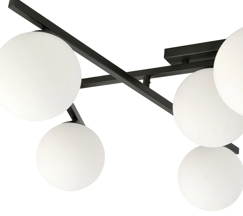 Plafoniera Moderna 5 Luci Teti In Acciaio Nero Bracci Regolabili E Vetro Opale
