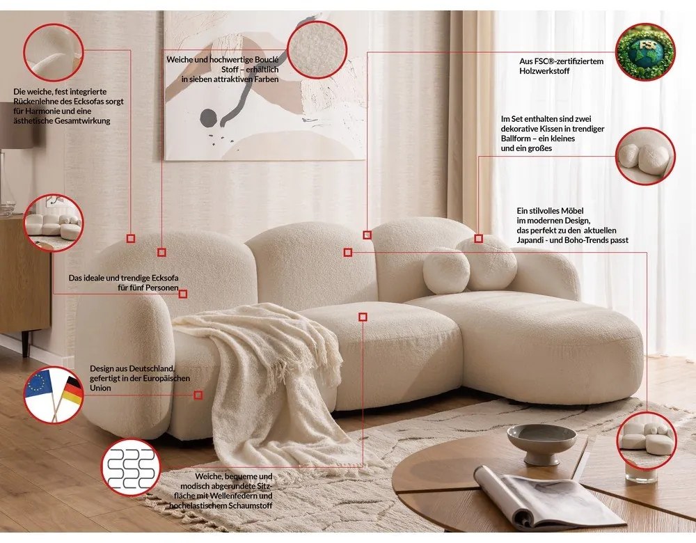 Divano angolare marrone chiaro (con penisola a destra/con chaise lounge) con rivestimento in bouclé Orbit – Ropez