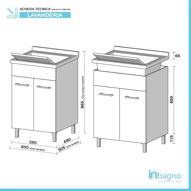 Mobile Lavatoio 60x50 cm Due Ante con vasca in ceramica Bianco Lucido