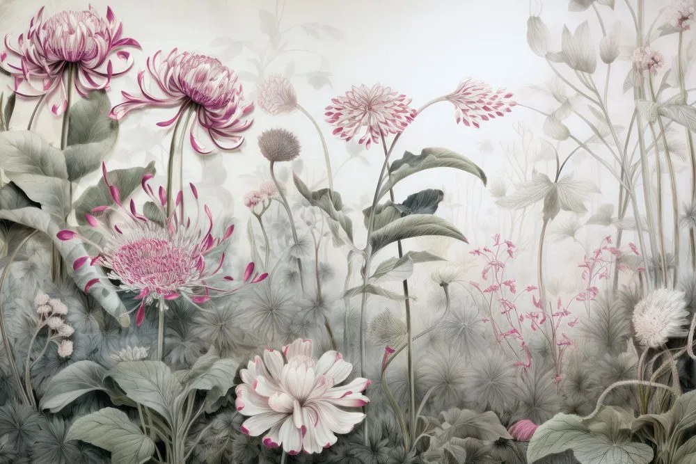 Carta da parati autoadesiva – Fiori avvolti dalla natura con contrasto rosa