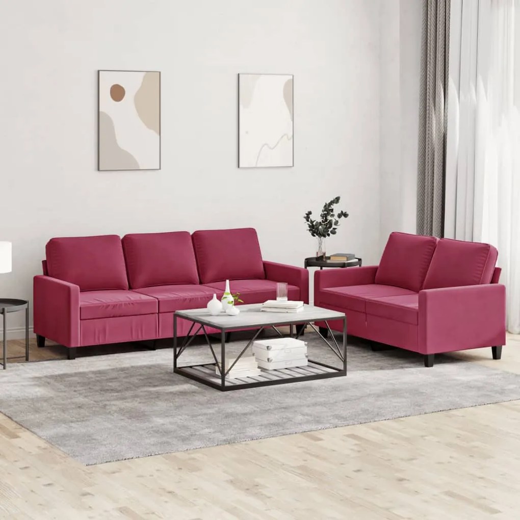 Set Di Divani 2 Pz Con Cuscini Rosso Vino İn Velluto /