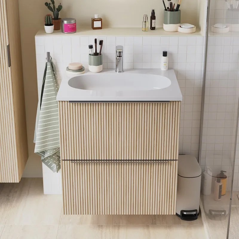 Mobile bagno sospeso Neo Groove L 61 x H 68 x P 49 cm, 2 cassetti con maniglia cromo, lavabo in resina con vasca centrale Icone incluso, rovere naturale cannettato