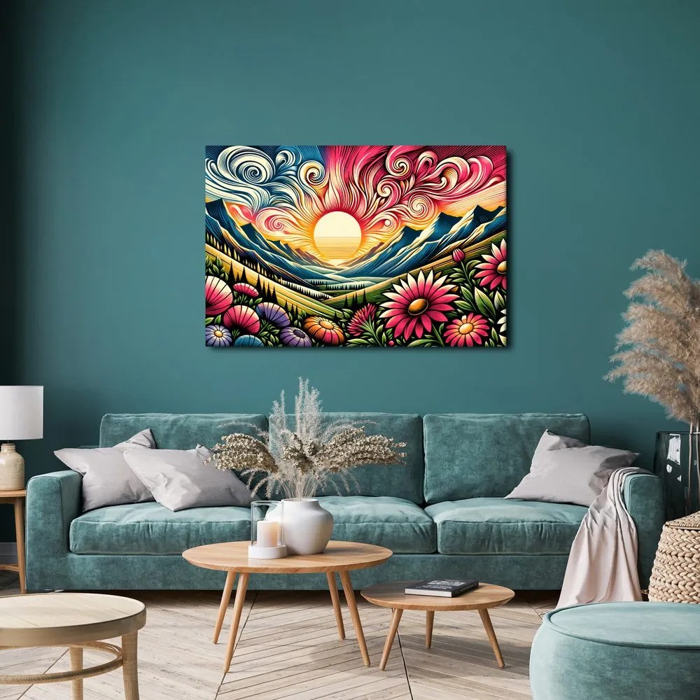 Quadro su tela – Paesaggio luminoso con fiori e sole