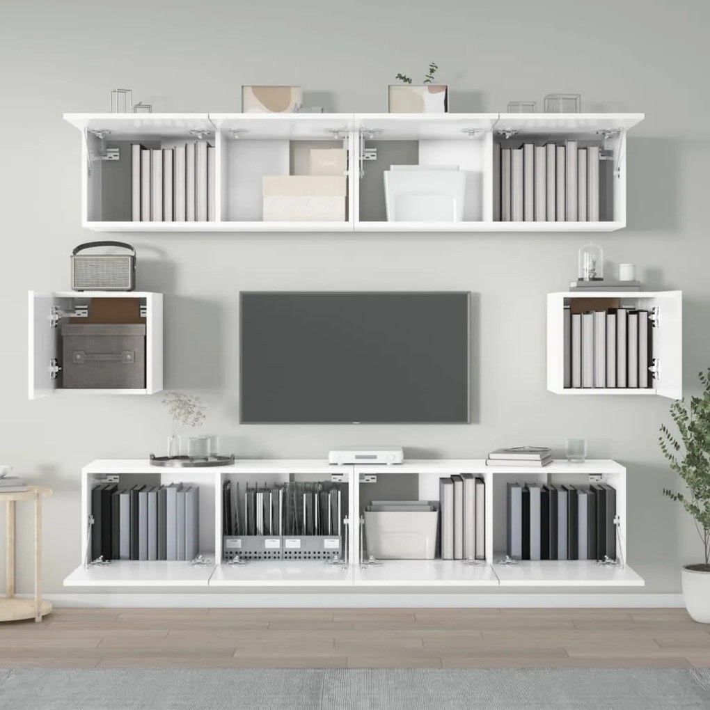 Set di mobili porta tv 6 pz bianco lucido in legno multistrato