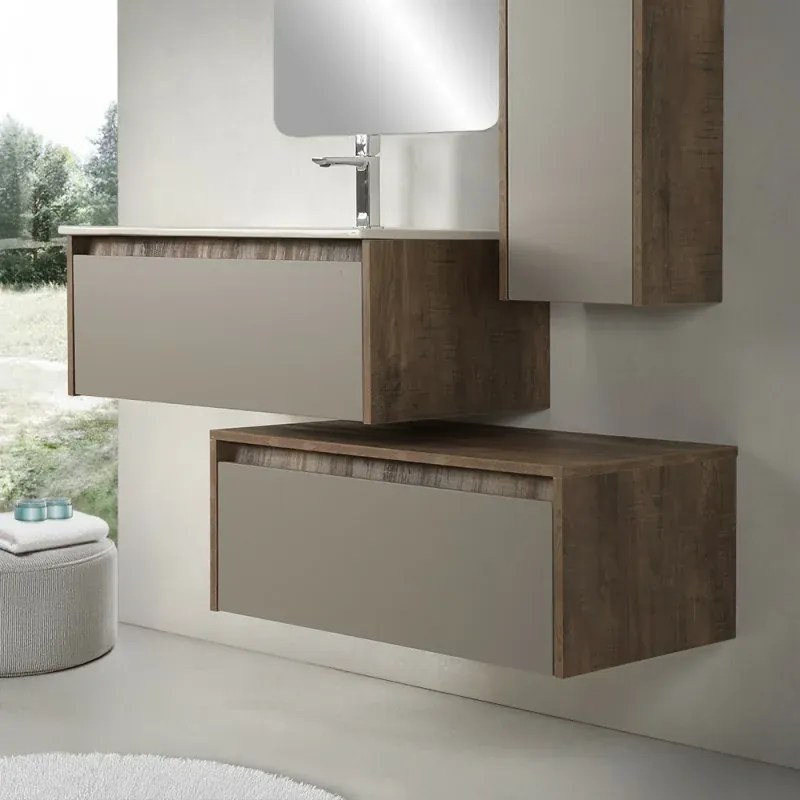 Mobile bagno sospeso 80 cm in legno tabacco e tortora con 2 cassetti, lavabo e specchio Smok