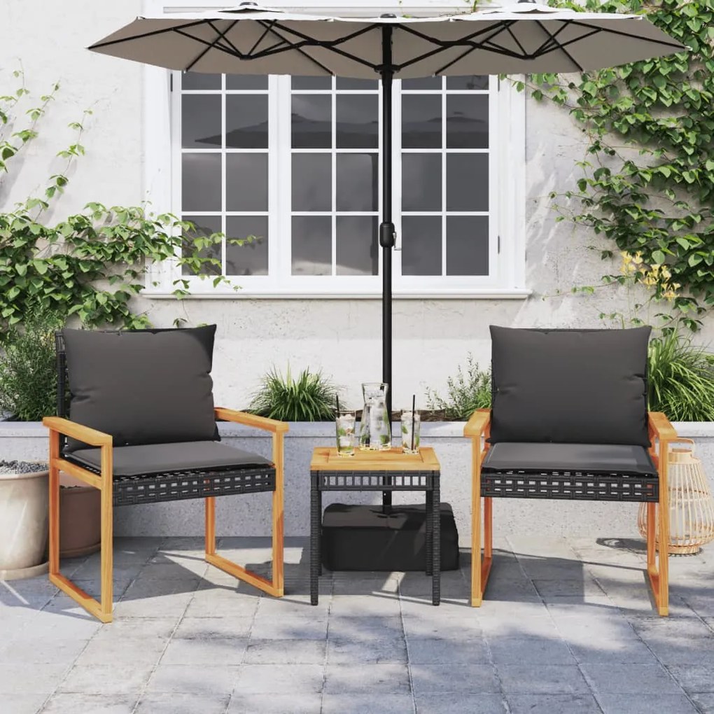 Set da bistrò 3 pz con cuscini nero polyrattan e legno acacia