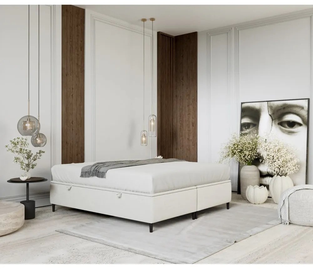 Letto matrimoniale imbottito crema con contenitore 200x200 cm Tate - Maison de Rêve