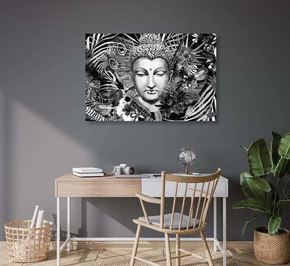 Quadro su tela – Buddha su sfondo esotico in bianco e nero