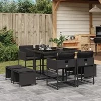 Set da Pranzo da Giardino 9 pz con Cuscini Nero in Polyrattan 3278082