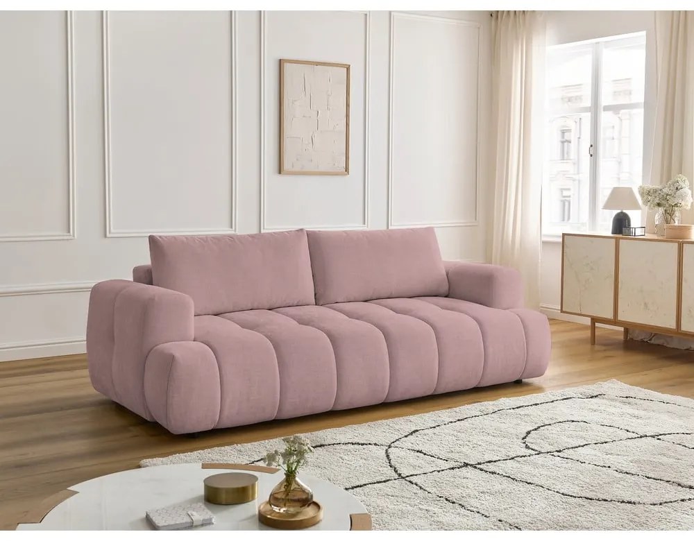 Divano rosa allungabile e con contenitore rivestito in ciniglia 251 cm Fuji – Bobochic Paris