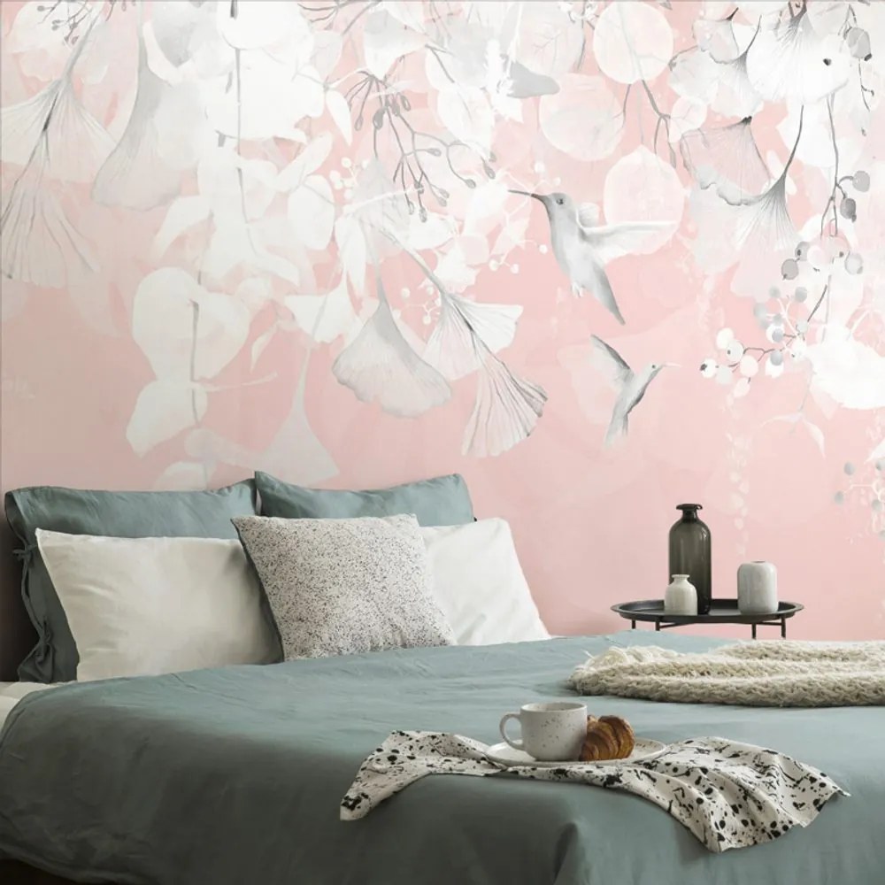 Carta da parati – Foglie con Colibrì in Rosa-Grigio