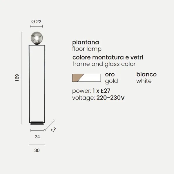 Piantana H169 cm in metallo Oro e diffusore in vetro Bianco SHIRLEY