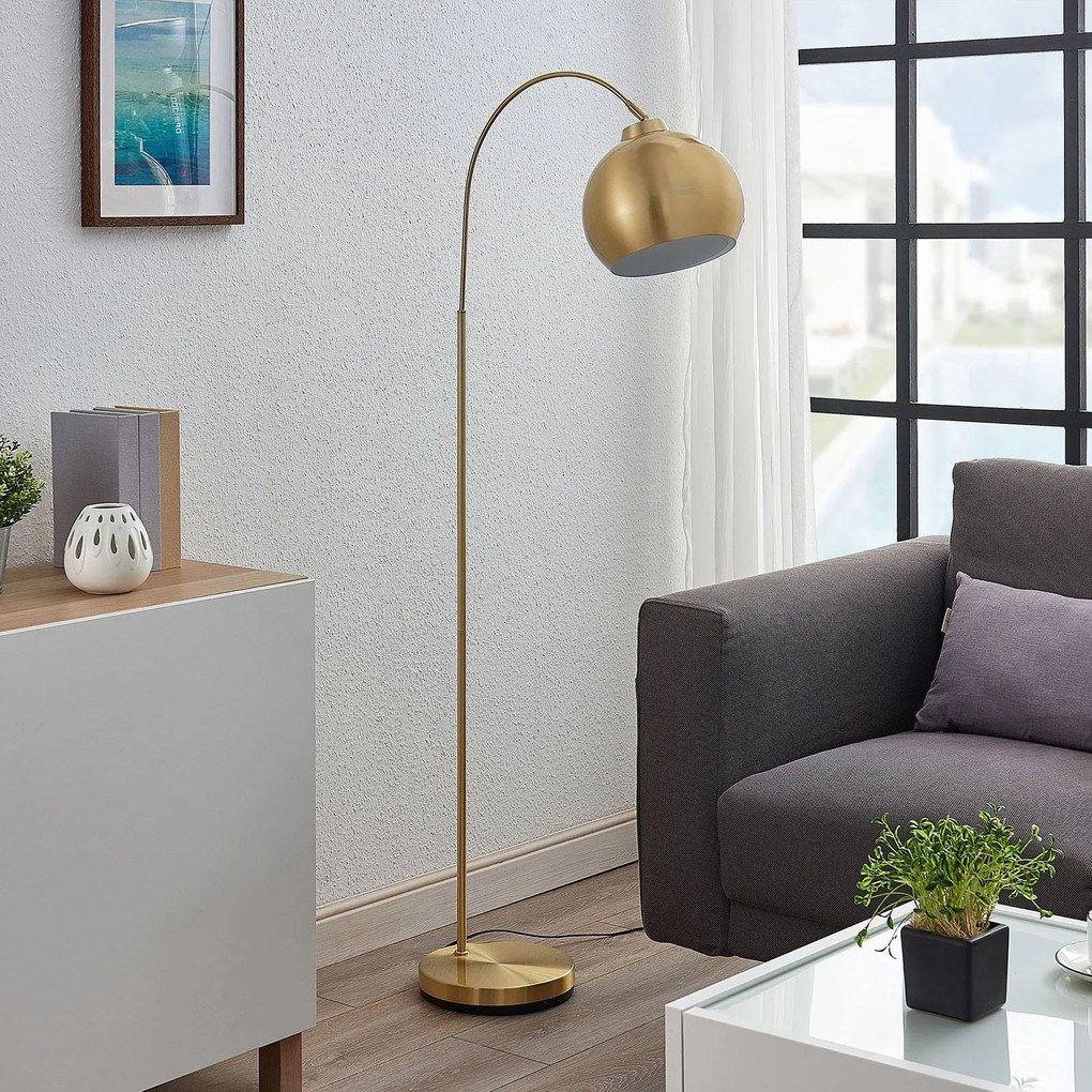 Lampada da terra ad arco Lindby Moisia, colore ottone, metallo, 148 cm Moisia, Ottone / Oro, Soggiorno / Sala da pranzo, Metallo, Moderno, Lampada da terra