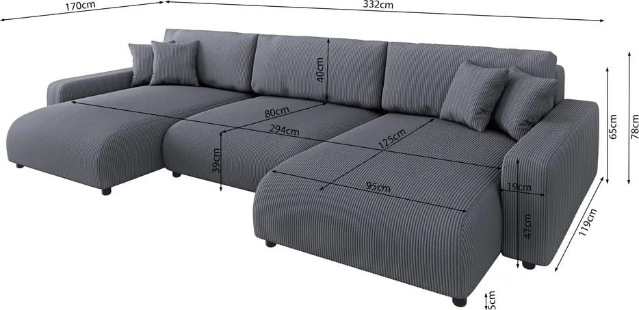 Divano angolare grigio scuro allungabile/con contenitore (a U) con rivestimento in velluto a coste Sara – Ropez