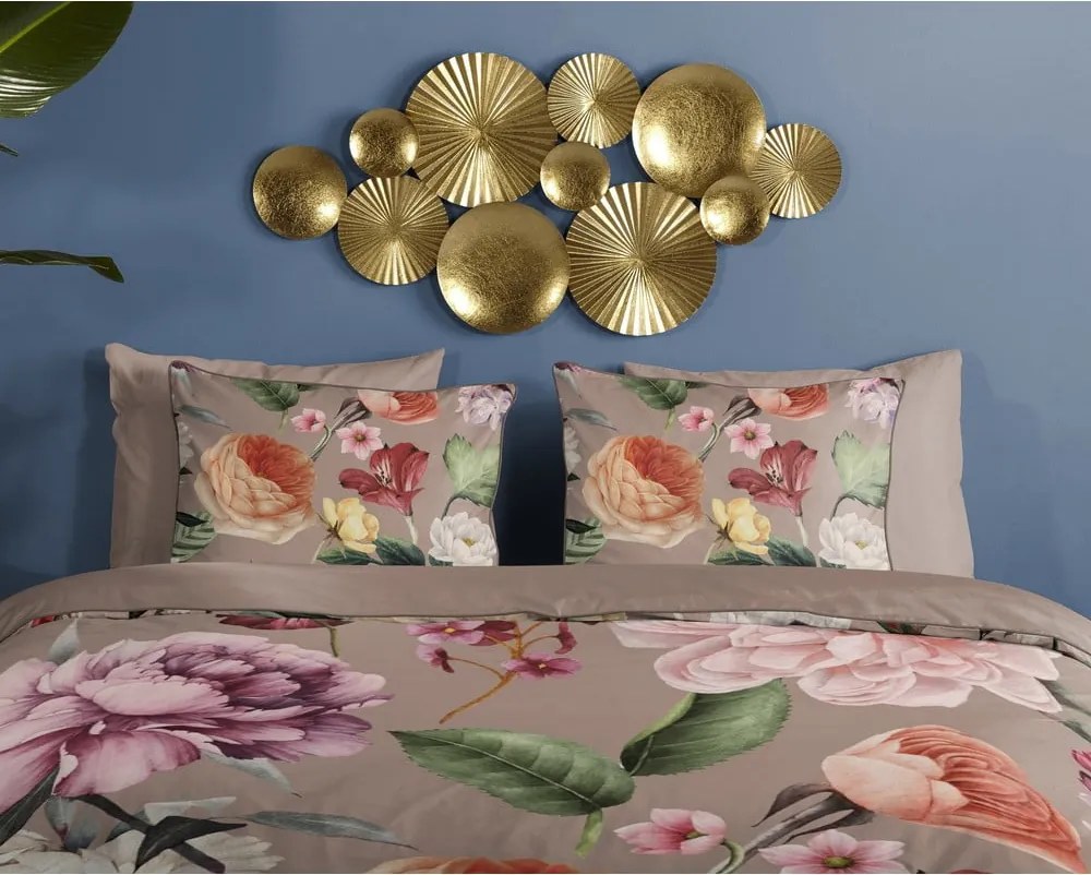 Set copripiumino e federa grigio/marrone in raso di cotone per letto matrimoniale ed esteso 240x220 cm Fiori – Descanso