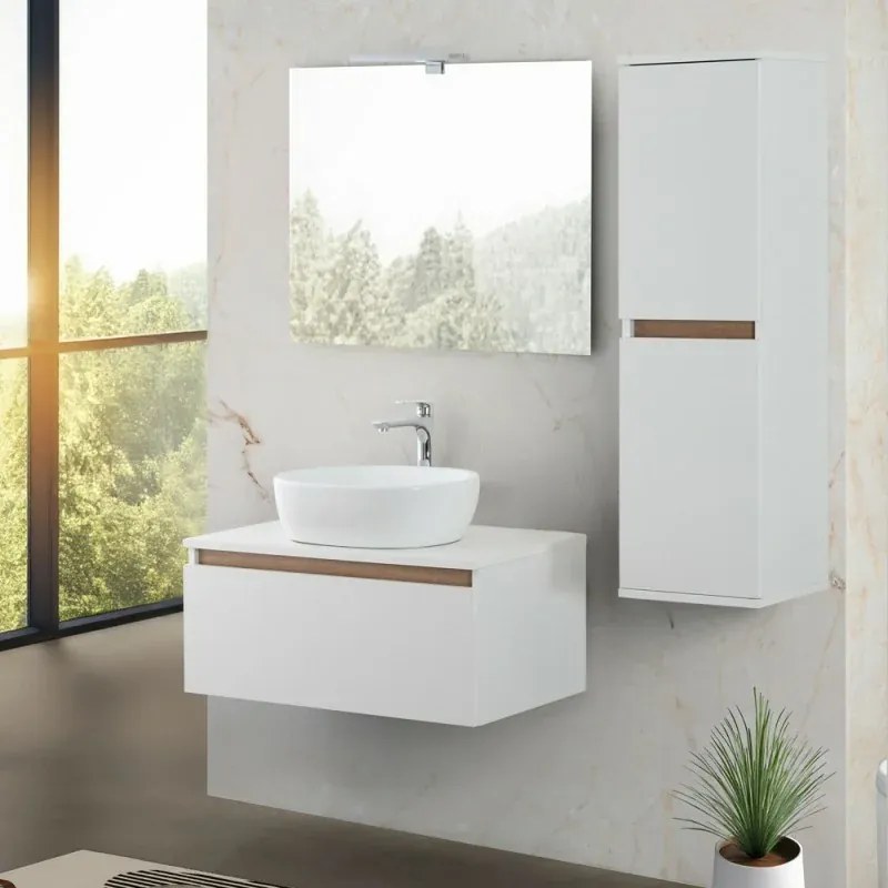 Mobile bagno sospeso 80 cm bianco e rovere con lavabo e specchio Kleo