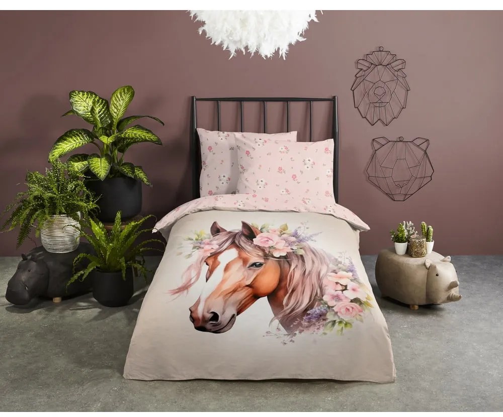 Set copripiumino e federa da bambini rosa/marrone in cotone per letto singolo 140x200 cm Avera – Good Morning