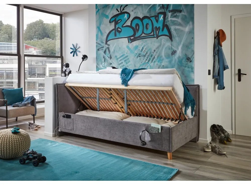 Letto da bambini con sponde grigio imbottito con contenitore con rete inclusa 140x200 cm Fun – Meise Möbel
