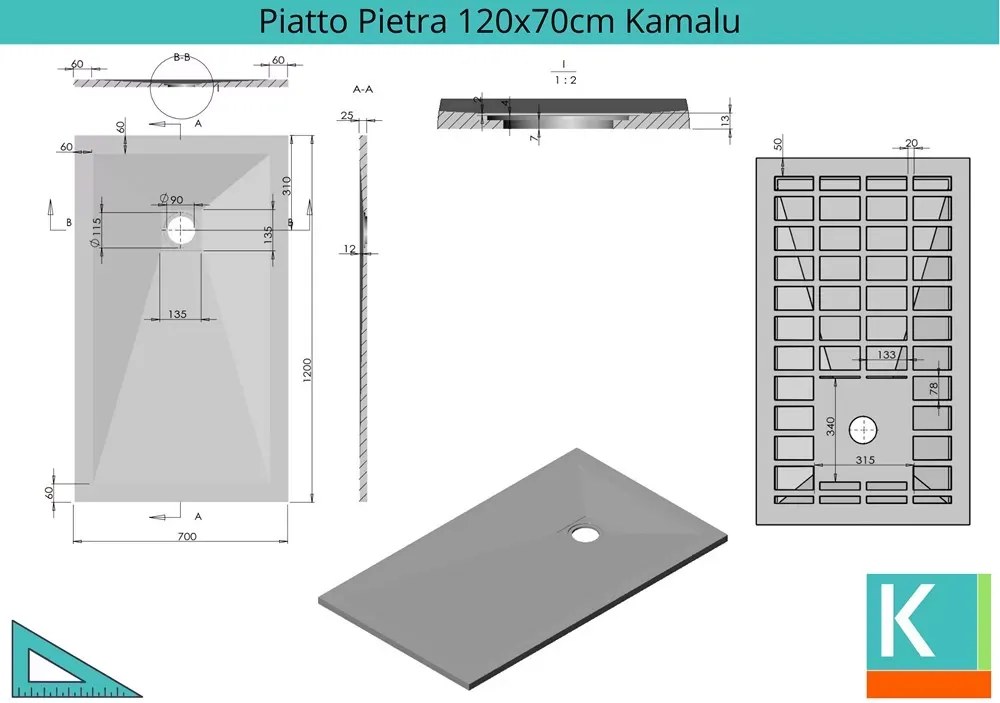 Piatto doccia 120x70 cm effetto pietra grigio cemento - KAMALU