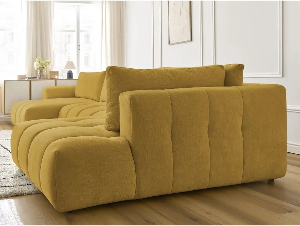 Divano angolare color senape allungabile e con contenitore (penisola a destra/a U) con rivestimento in ciniglia Fuji – Bobochic Paris