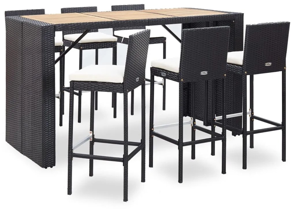 Set da bar da giardino 7 pz con cuscini in polyrattan nero