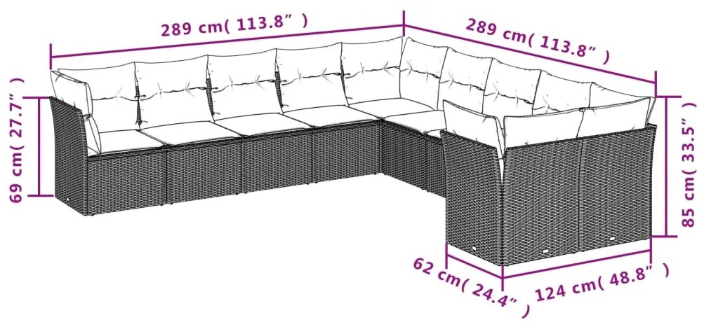 Set divani da giardino 10pz con cuscini in polyrattan marrone