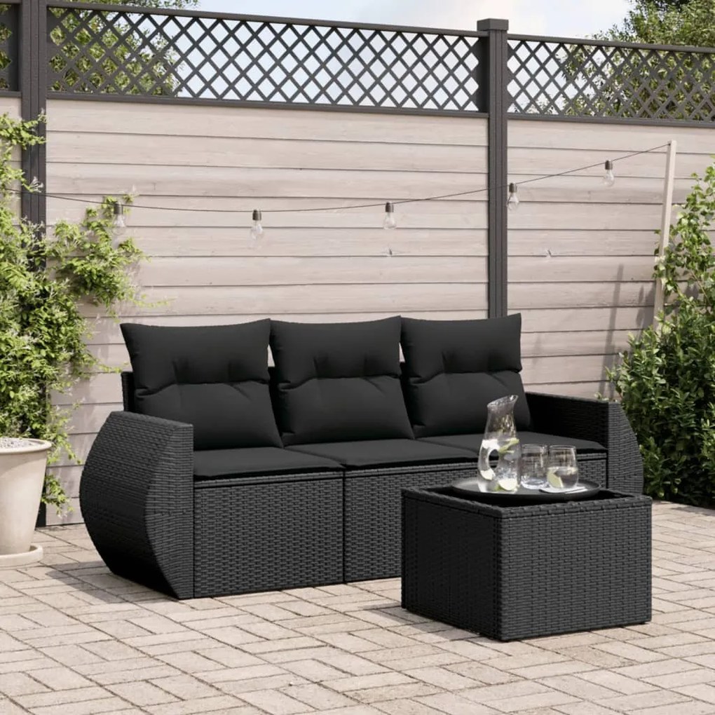 Set divani da giardino 4 pz con cuscini nero in polyrattan