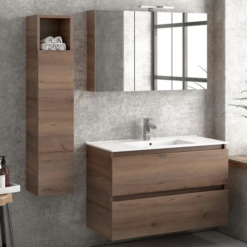 Composizione bagno sospesa 100cm: mobile con lavabo, specchio contenitore e colonna TOD-100F - KAMALU