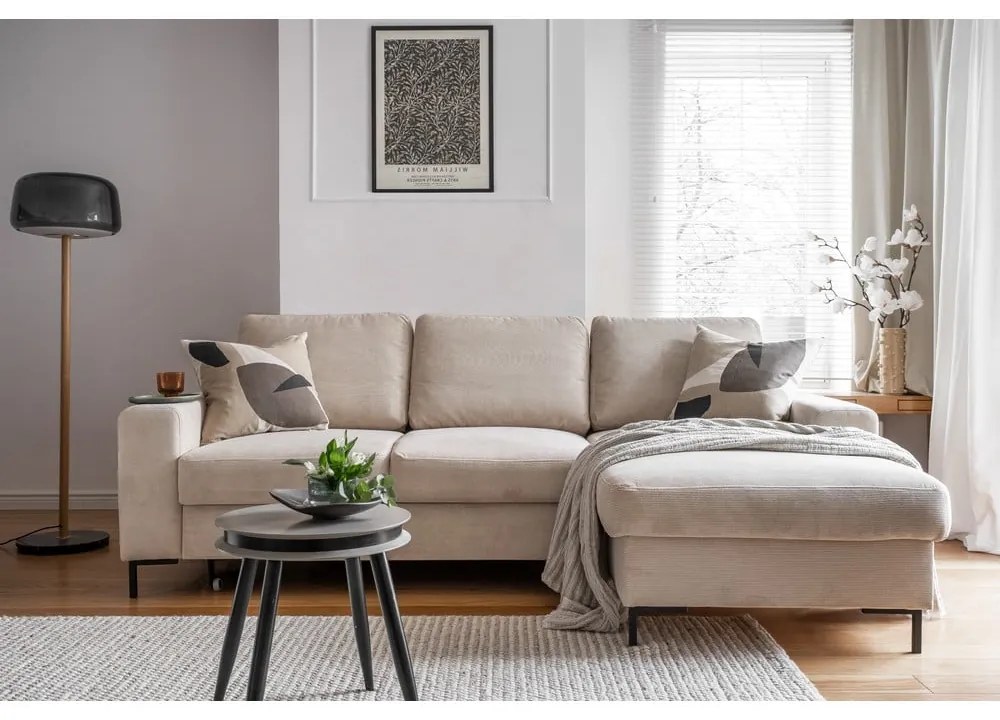 Divano letto angolare in velluto a coste beige (angolo destro) Lofty Lilly - Miuform