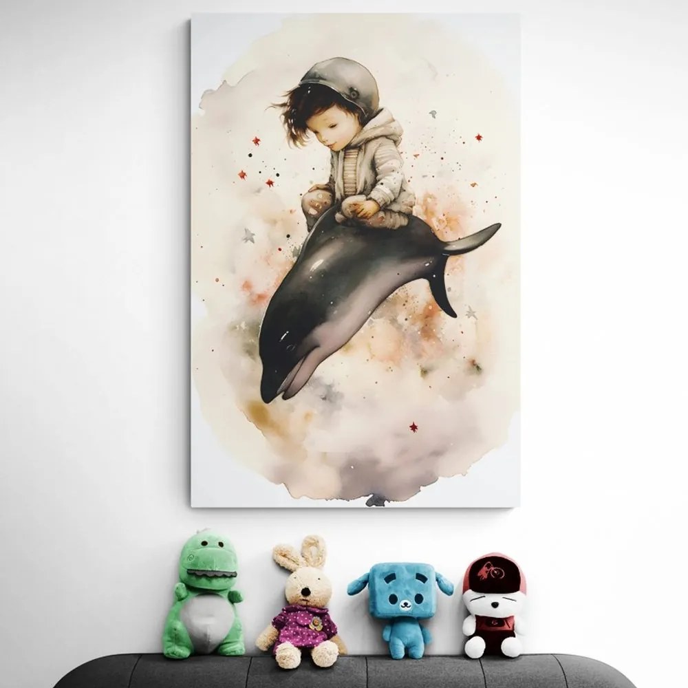Stampa su tela – Bambino sognante con delfino