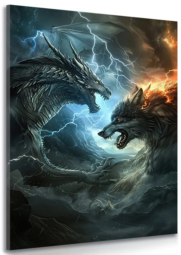 Quadro su tela – Duello tra drago e lupo