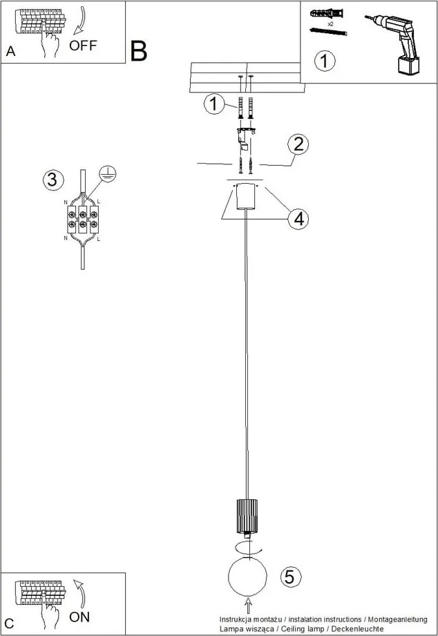 Lampadario grigio tortora con paralume in vetro ø 12 cm Orbital – Sollux