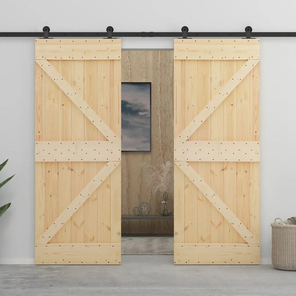 Porta Scorrevole Con Set Hardware 90x210 Cm İn Legno Di Pino /