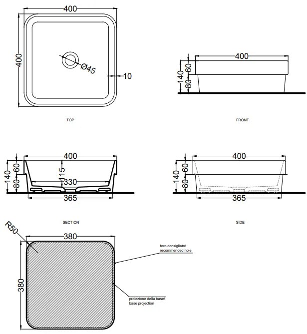 Cielo Enjoy Lavabo 40x40 semincasso quadro Senza Troppopieno talco