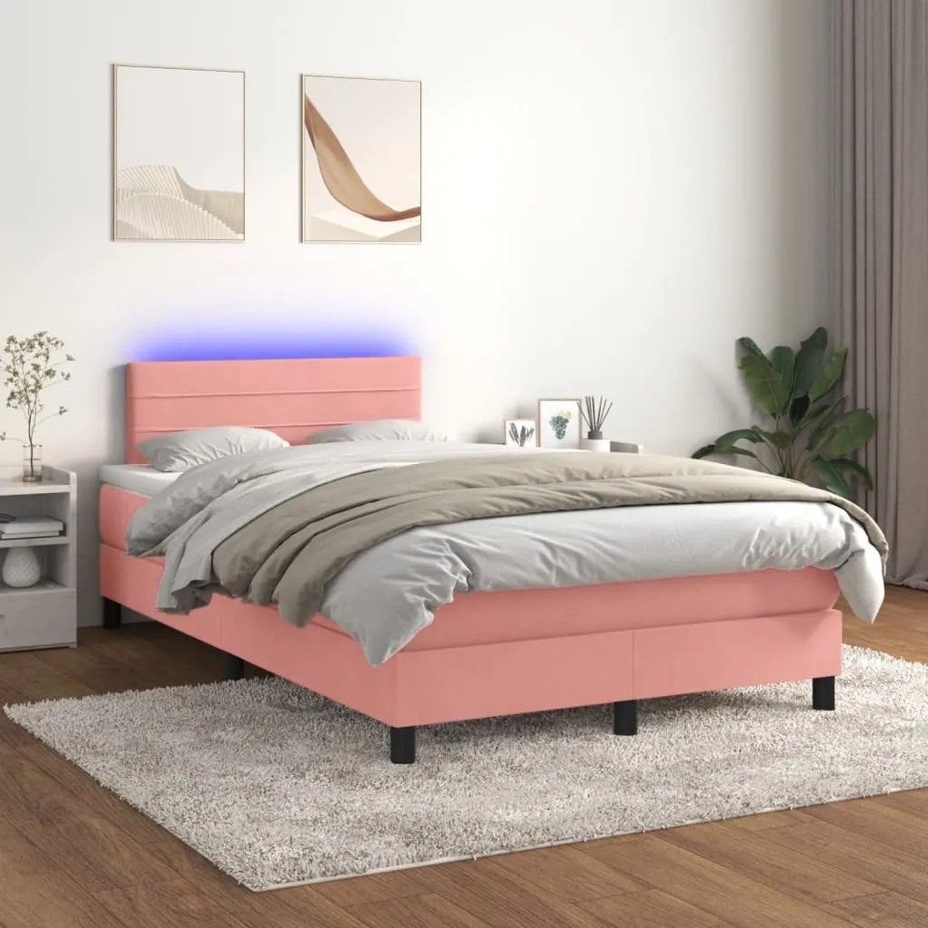 Letto a molle con materasso e led rosa 120x190 cm in velluto