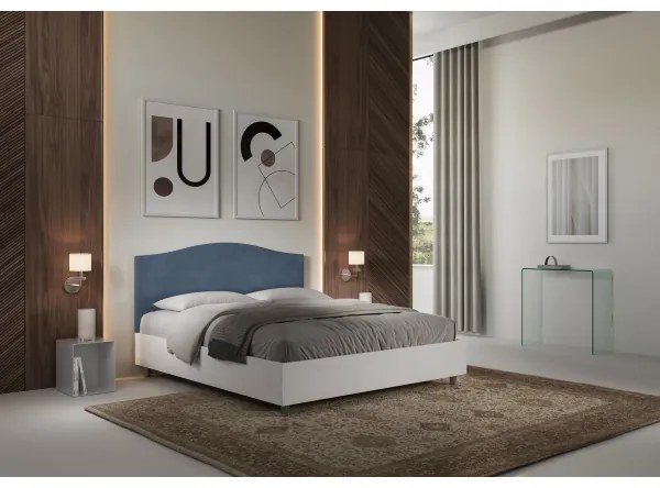 Letto contenitore da 160x190 in legno bianco e testata in microfibra blu Grace