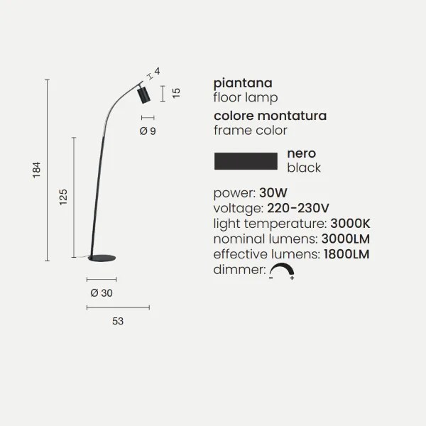Piantana a LED H184 cm in metallo Nero con faretto orientabile MURGA