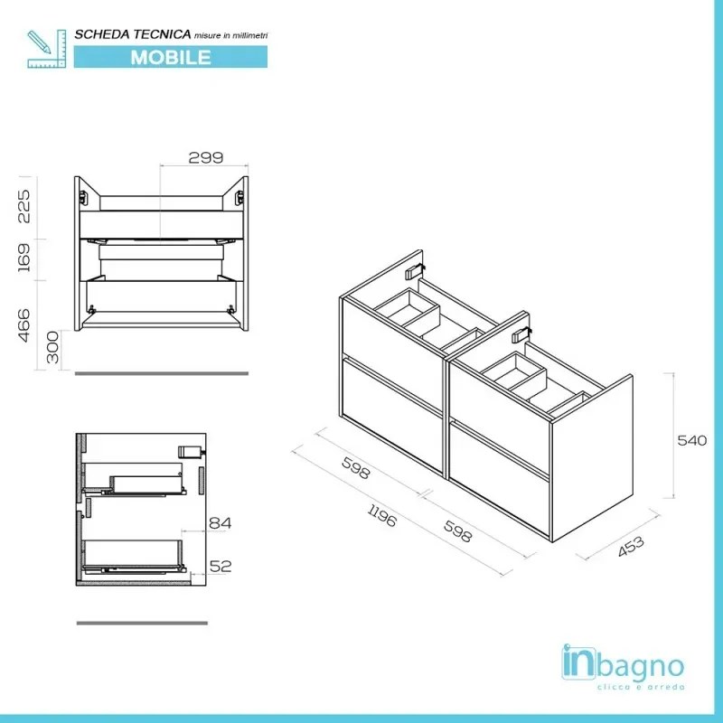 Mobile bagno sospeso 120 cm rovere juta con 4 cassetti Mavi