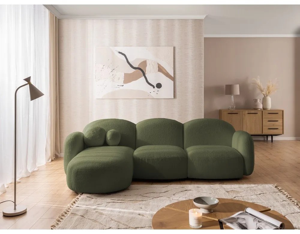 Divano angolare verde (con penisola a sinistra/con chaise lounge) con rivestimento in bouclé Orbit – Ropez