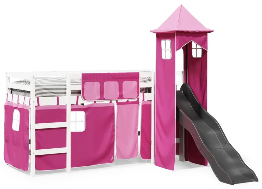 Letto a soppalco con torre bambini rosa 90x200cm massello pino