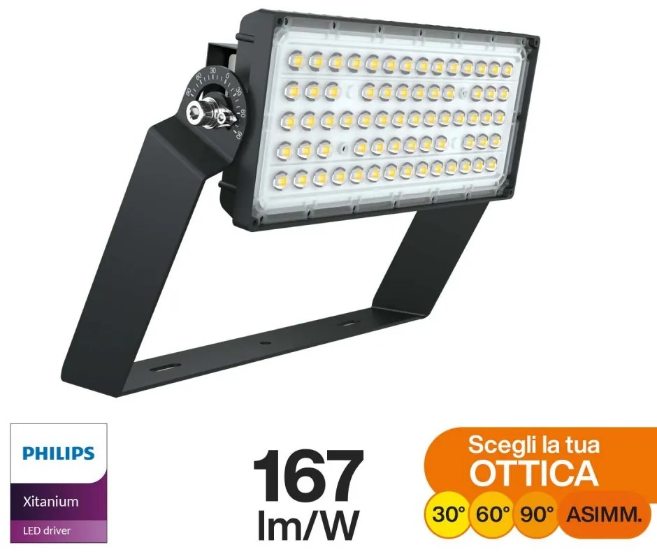 Faro Modulare LED 200W IP66, 167lm/W, No Flickering - PHILIPS Xitanium Colore Bianco Freddo 5.000K, Scegli l'angolo di illuminazione Asimmetrica 50°